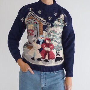 Vintage Karen Scott Navy Snowy Village Winter Scene Holiday Knit Sweater S